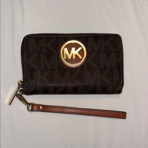 Michael Kors Brown Logo Zip Wristlet with Gold MK Emblem